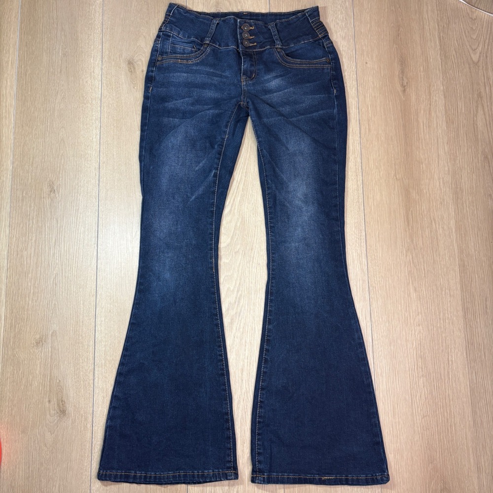 True Luck Y2K Dark Wash Triple Button Low Rise Flare Bell Bottom Jeans 9/10